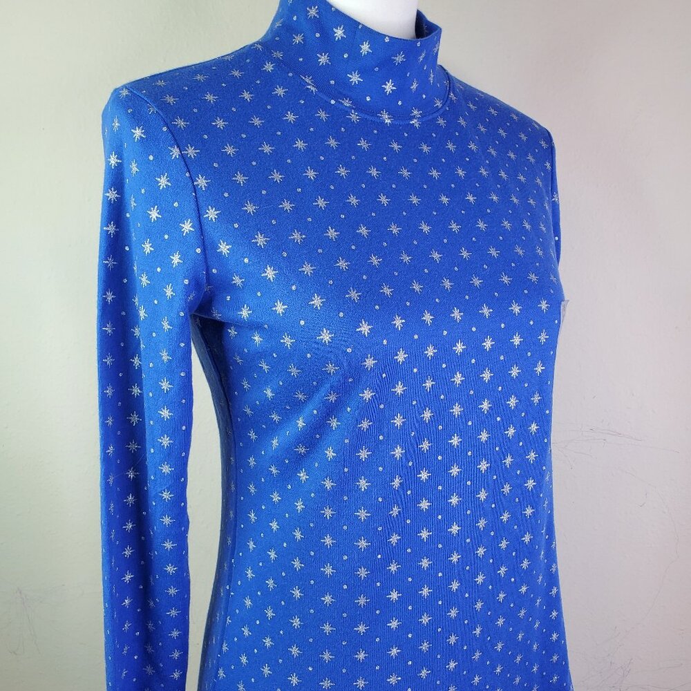 Karen Scott Womens Blue Snowflake Dot Mockneck Top PS